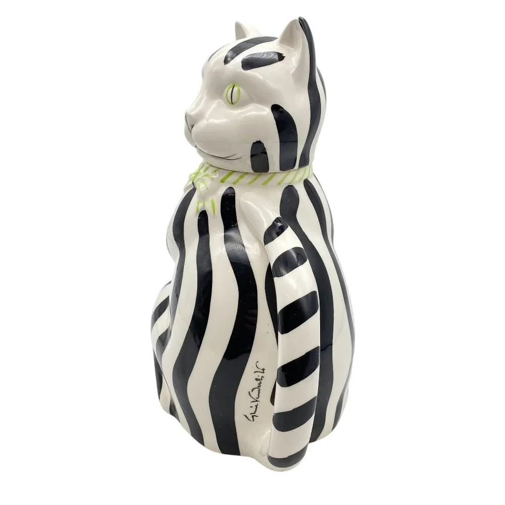 VTG Gloria Vanderbilt Black white stripe Cat coffee tea pot Tastesetter IGMA